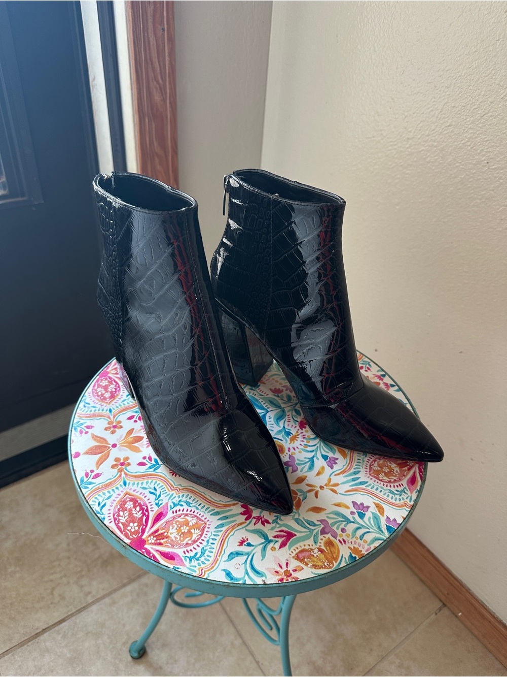 Vince Camuto Black Croc-Embossed Pointed Toe Ankle Booties
